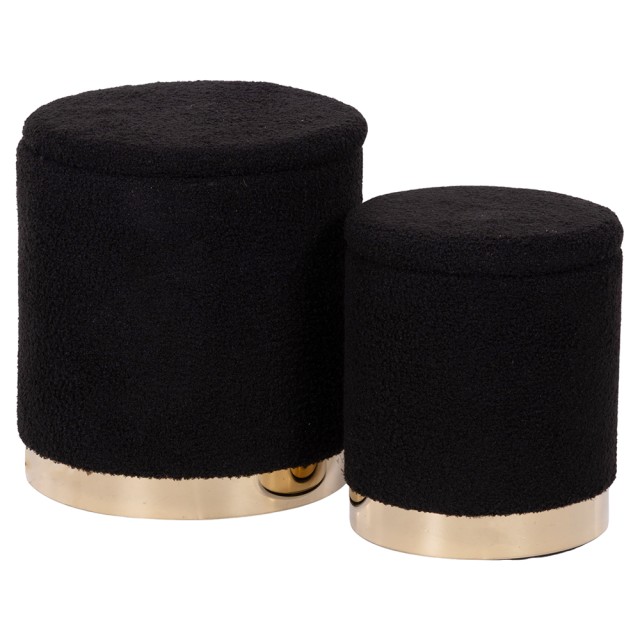 Galileo Σετ 2 Αποθηκευτικοί Πουφ με Υφασμάτινη Επένδυση σε Εφέ Τέντι, Χρυσή Βάση, Μαύρο Sibilla 2188802