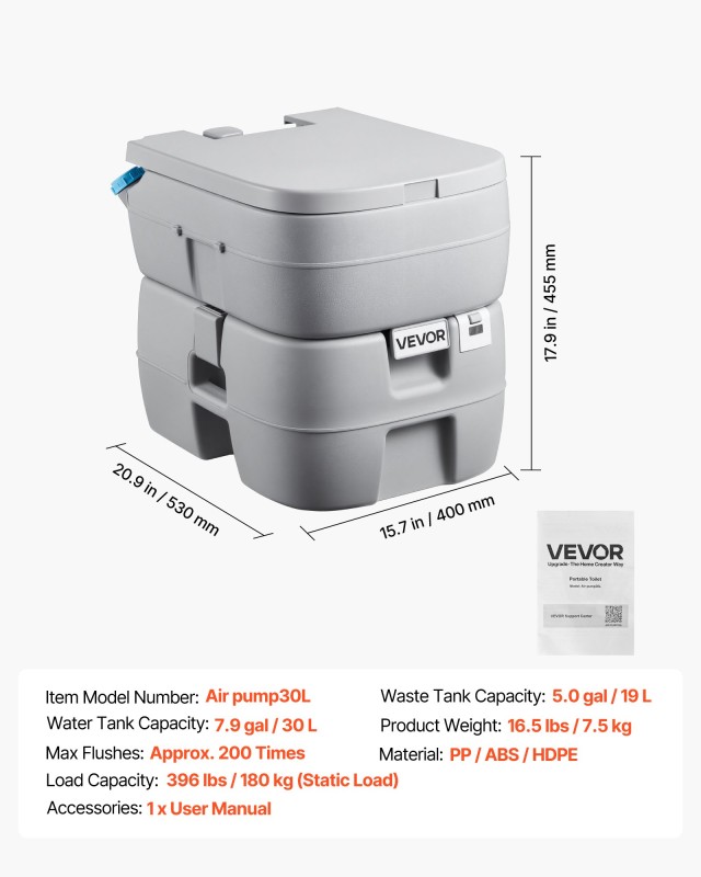 VEVOR Φορητή Τουαλέτα 30L με Αποσπώμενη Δεξαμενή Αποβλήτων, 200 Χρήσεις, Κατάλληλη για Εξωτερικές Δραστηριότητες DCXBXSMTY63GMEF0J001V0