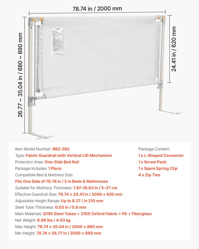 VEVOR Παιδικό Κάγκελο Κρεβατιού 2000x890 mm YYECLHHLBYSX7BGHE001V0