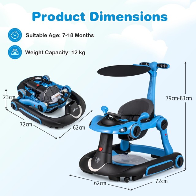 Costway Περπατούρα Μωρού 7 σε 1 Πτυσσόμενη με Σκίαστρο, Ρυθμιζόμενο Ύψος και Ταχύτητα, Μπλε, 79-83 x 62 x 72 cm BC10310NY