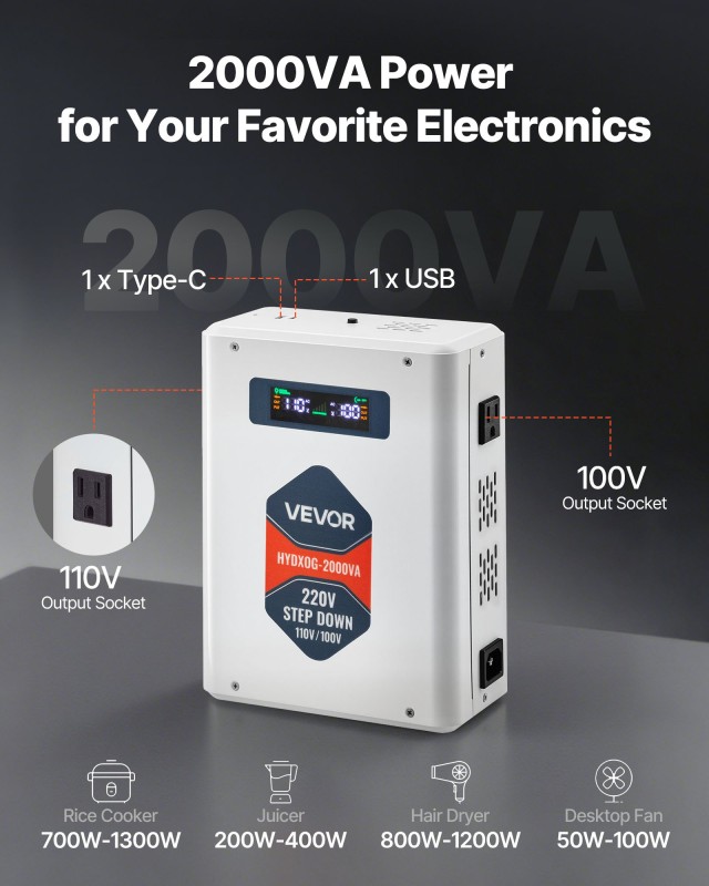 VEVOR Μετασχηματιστής Τάσης 2000VA, 220V σε 110V, 2 Αμερικάνικες Πρίζες DXDYZHQJY110IDWO5001V7
