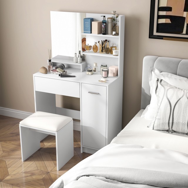 HOMCOM Τουαλέτα Μακιγιάζ με Καθρέφτη και Σκαμπό Συρτάρι Ντουλάπι και Ράφια από Ξύλο Λευκό 831-779V80WT