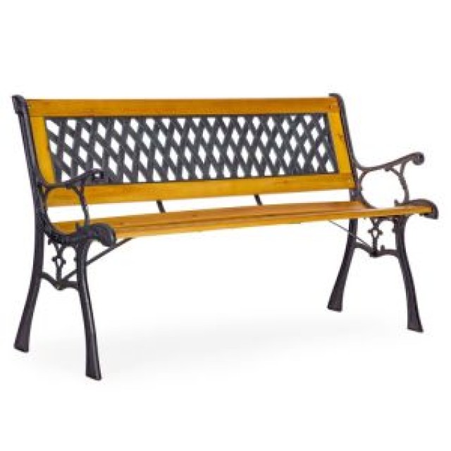 MULTIGARDEN Ξύλινο παγκάκι κήπου 126x51 εκ. με διάτρητη πλάτη και χυτοσιδηρά πόδια, κατάλληλο για πάρκα MultiGarden WYI-XG2072