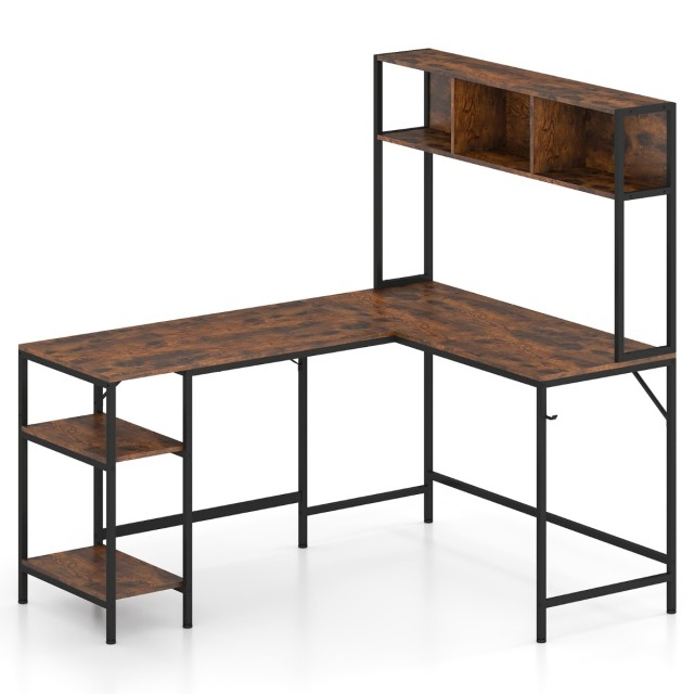 Costway Γωνιακό Γραφείο L-Σχήματος με Ράφι Βιβλίων, Gaming Επιφάνεια Εργασίας, Υπολογιστής, Ρουστίκ Καφέ JV12985CF