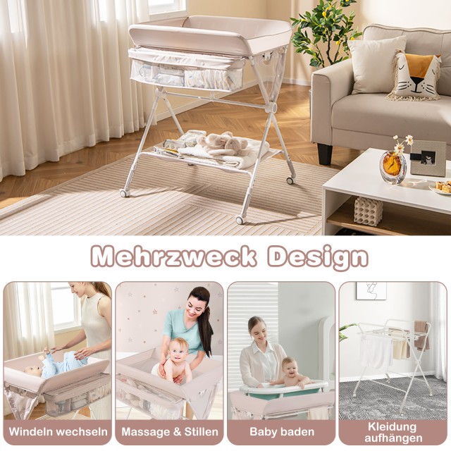 Costway Φορητό πτυσσόμενο τραπέζι αλλαξιέρας με ρυθμιζόμενο ύψος 3 θέσεων και τροχούς με φρένο, Φυσικό AC10044NA