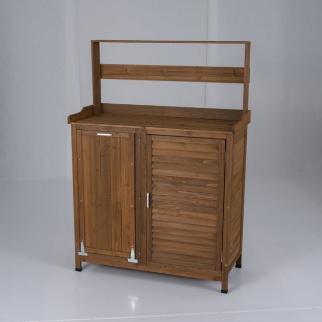 Costway Ξύλινο τραπέζι κήπου με πάγκο για φύτευση και εξωτερικό ντουλάπι αποθήκευσης με ρυθμιζόμενο ράφι, φυσικό, 152 x 43,5 x 102 εκ. GT4506CF