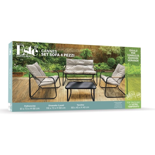Galileo Σετ κήπου 4 θέσεων από ανθρακούχο ατσάλι, τραπεζάκι με γυάλινη επιφάνεια, μαξιλάρια με μαύρη και γκρι απόχρωση Cannes Est 2188450