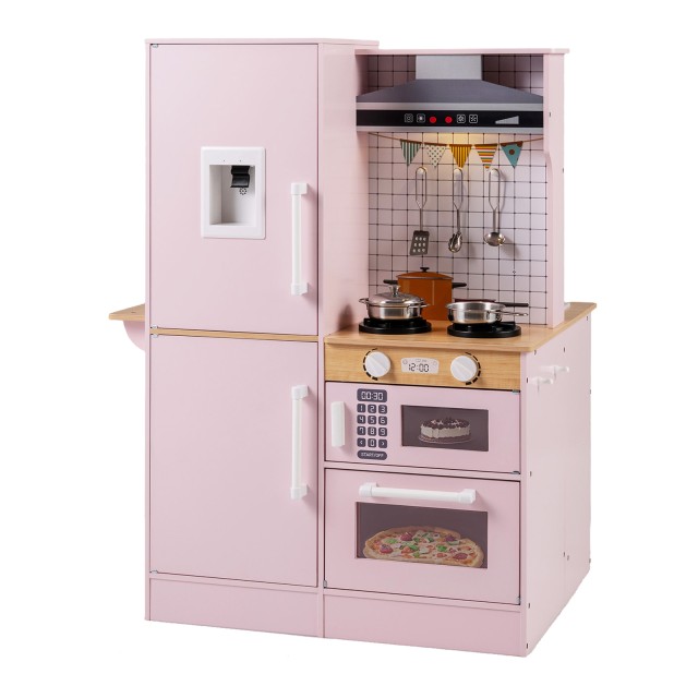 Costway Διπλής Όψης Παιδική Κουζίνα - Ξύλινο Σετ Παιχνιδιών Κουζίνας με Διανεμητή Νερού & Απορροφητήρα, Ροζ, 98 x 73 x 55 εκ. TM10202PI