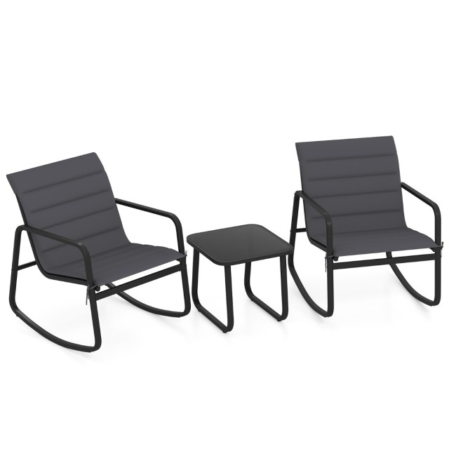 Costway Σετ Εξωτερικού Χώρου Μπαλκονιού 3 Τεμαχίων με 2 Καρέκλες Ροκ και Τραπέζι από Σκληρυμένο Γυαλί - Γκρι 41 x 44 x 44 cm NP12917GR