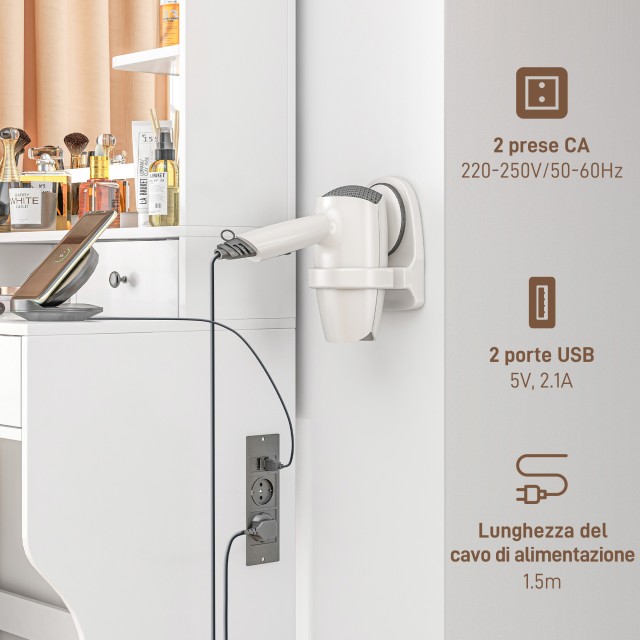 HOMCOM Τουαλέτα Μακιγιάζ με Φώτα LED 3 Αποχρώσεις και Καθρέφτη  Θύρες USB  4 Συρτάρια και Ράφια  90x45x160cm  Λευκό 831-776V90WT