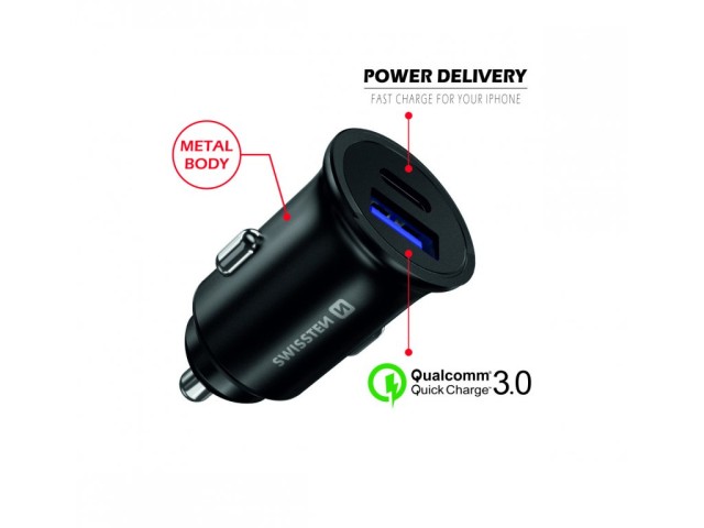 SWISSTEN Φορτιστής Power Delivery + Quick Charge, USB-C, 36W, Μεταλλικό Σώμα Μαύρο 8595217474154
