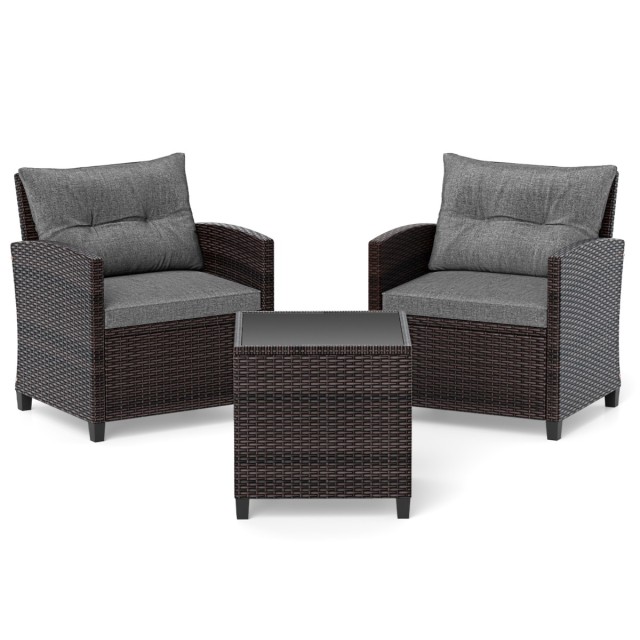 Costway Σετ Καθιστικού 3 Τεμαχίων από Rattan με Ανθεκτικό Μεταλλικό Σκελετό και Τραπέζι με Γυάλινη Επιφάνεια για Εξωτερικούς Χώρους HW68667GR