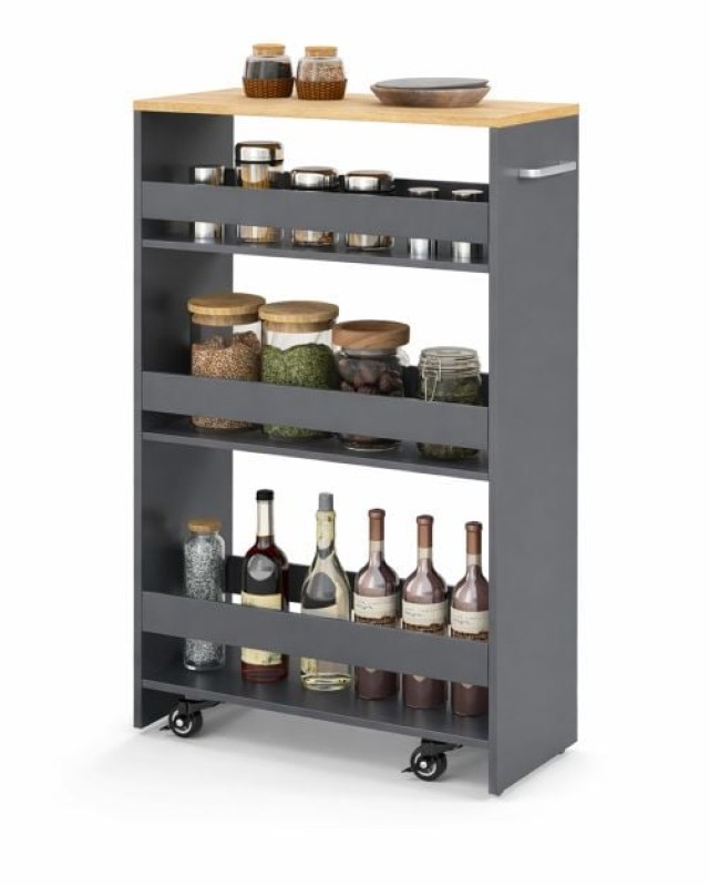 Costway 13εκ Λεπτό Καρότσι Κουζίνας με Σταθμό Φόρτισης, 4 Επίπεδα, Ροδάκια, Γκρι + Φυσικό, 80,5 x 47,5 x 13 εκ JV13256GR