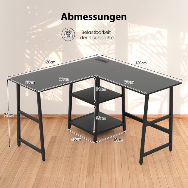 Costway Μοντέρνο Γραφείο Υπολογιστή σε Σχήμα L με Ενσωματωμένο Σταθμό Φόρτισης και Ράφια Αποθήκευσης CB10470DE-DK