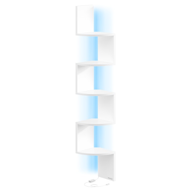 VASAGLE Ραφιέρα Γωνιακή Τοίχου με RGB LED Φωτισμό, 5 Επίπεδα, Λευκή Ματ LBC630W01