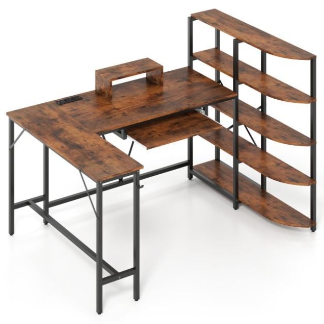 Costway Γραφείο σε σχήμα L 160 x 108 x 109,5 cm με ράφια και σταθμό φόρτισης για υπολογιστή και gaming σε ρουστίκ καφέ χρώμα CB10939DE-CF+