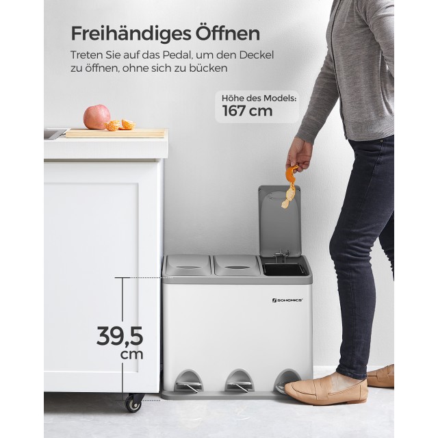 Τριπλός Κάδος Ανακύκλωσης με Πεντάλ 24lt 47 x 28.3 x 39.5cm Λευκό / Γκρι LTB24WT Songmics