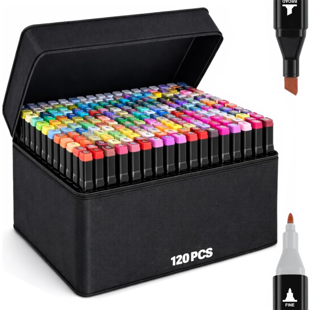 BAKAJI Σετ 120 Διπλοί Μαρκαδόροι Λεπτή και Χοντρή Μύτη με Τσάντα για Καλλιτέχνες 02001812