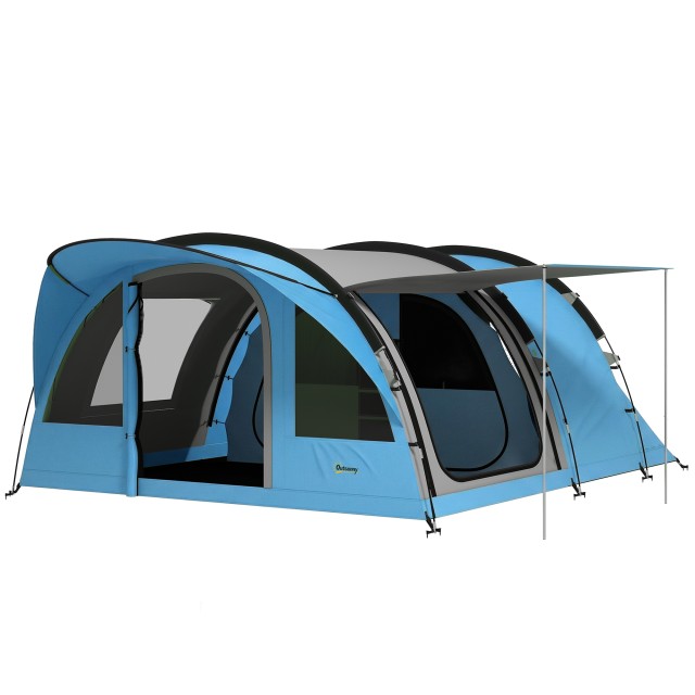 Outsunny Σκηνή Camping Τύπου Τούνελ για 2-4 Άτομα, με 2 Δωμάτια, Ύψος 200 cm, Αδιάβροχη 3000 mm, Γαλάζια A20-557V00BU