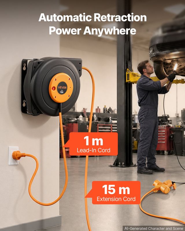 VEVOR Αυτόματο Καρούλι Καλωδίου Ρεύματος 15m 16AWG 3πλό, Επιτοίχιο/Οροφής με Περιστρεφόμενη Βάση 180° KSSSJXQCS15MP6MOM001V2