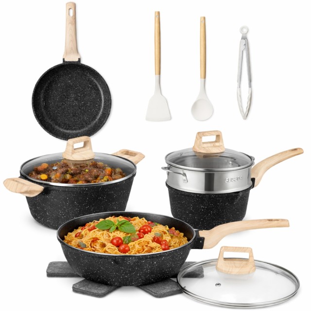 BAKAJI Σετ Μαγειρικών Σκευών 15 Τεμαχίων σε Μαύρο Χρώμα από Χυτό Αλουμίνιο με Αξεσουάρ και Καπάκια 02001727