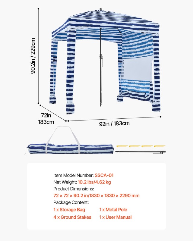 VEVOR Παραλία Κιόσκι, 1.83 x 1.83 m, Εύκολο Στήσιμο, UPF 50+, Ναυτικοκί Ρίγες JYKHTXW6FT6FK05K8001V0