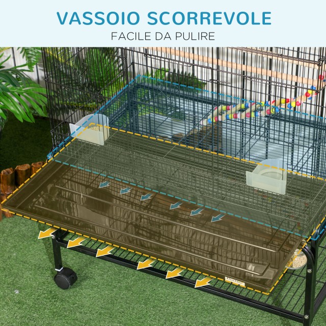 PawHut Steel Bird Cage with Perches, Toys, Food Contains and Tray, 79x49x133 cm, Μαύρο D10-090V00BK