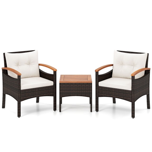 Costway Σετ καθιστικού 3 τεμαχίων από ρατάν με 2 πολυθρόνες, 1 βοηθητικό τραπέζι με επιφάνεια από ξύλο ακακίας και μπεζ μαξιλάρια καθίσματος HW75150WH