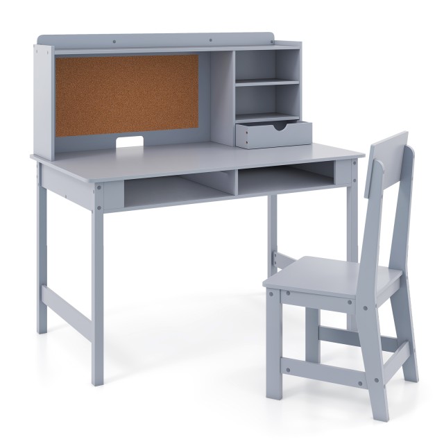 Costway Παιδικό Γραφείο με Καρέκλα Ξύλινο, Μαθητικό Γραφείο με Πίνακα Φελλού και Συρτάρι, Γκρι 110 x 110 x 60 εκ HY10454GR