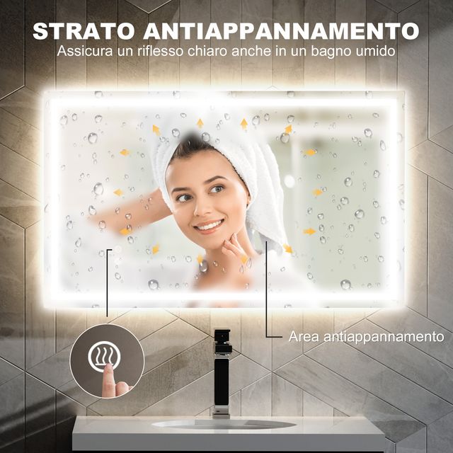 HOMCOM Καθρέφτης Μπάνιου με Ρυθμιζόμενα LED Φώτα σε 3 Χρώματα και Αντικραδασμικό Στρώμα, από Γυαλί και Μέταλλο, 100x3x60 εκ. 834-812V00CR