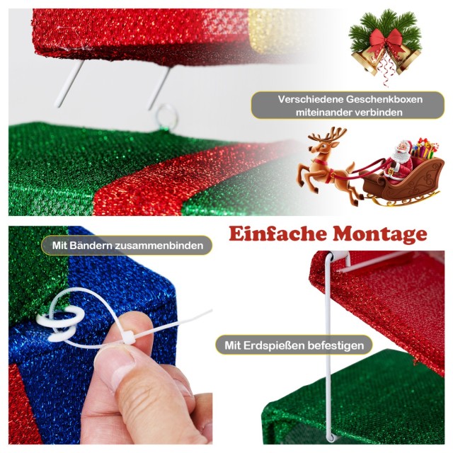 Costway Σετ από 4 Φωτιζόμενα Χριστουγεννιάτικα Κουτιά Δώρου με Πολύχρωμες Κορδέλες CM25232DE
