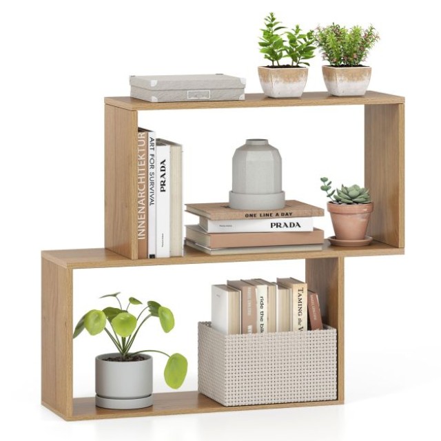 Costway Γεωμετρική Βιβλιοθήκη 3 Επιπέδων με 2 Κυβικά Διαμερίσματα από Ξύλο σε Φυσική Απόχρωση JV13056NA