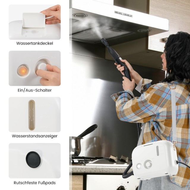 Costway Φορητός Ατμοκαθαριστής 1500W με Πίεση 3 bar και Μέγιστη Θερμοκρασία 180℃, 1L Δοχείο Νερού, Ρυθμιζόμενος Ατμός, Συμπεριλαμβανόμενα Αξεσουάρ ES10395DE-WH
