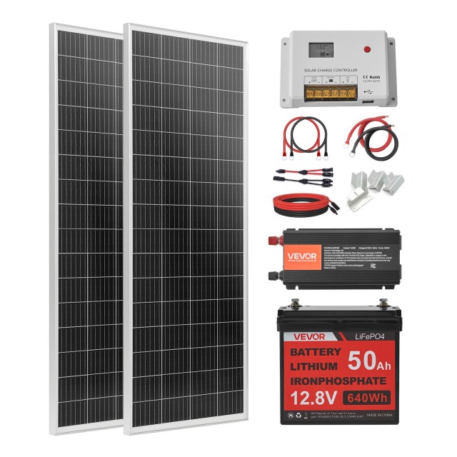 VEVOR Ηλιακό Σύστημα 200W 12V με 2 Φωτοβολταϊκά Πάνελ 100W, Μπαταρία LiFePO4 12,8V 50Ah, Ρυθμιστή Φόρτισης 40A και Μετατροπέα 800W 12VLWTYNTJ126VI94001V2