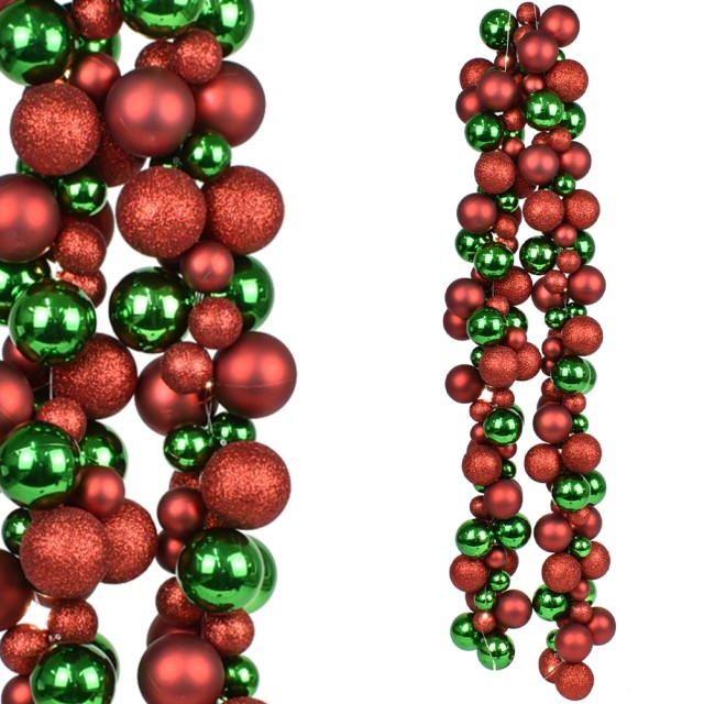 BAKAJI Χριστουγεννιάτικο Στεφάνι με 142 Μπάλες, 180cm Γιρλάντα με Κόκκινες και Πράσινες LED Λαμπτήρες 02842891