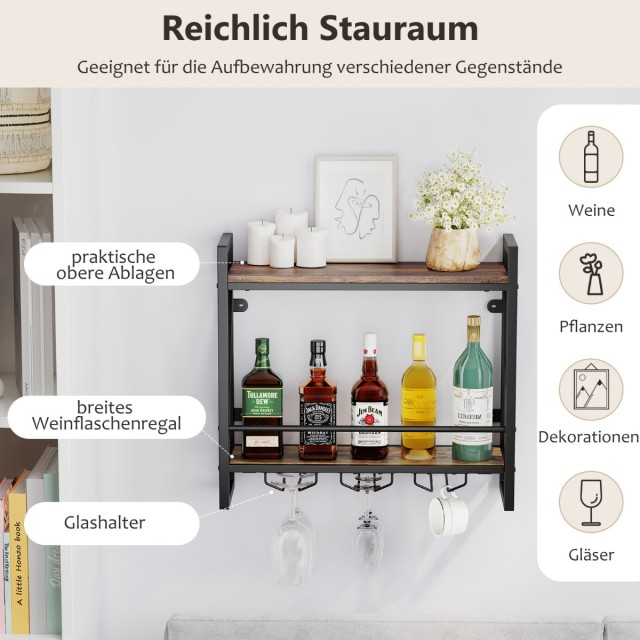 Costway Διπλό Ράφι Κρασιού Τοίχου με 3 Κρατητές Ποτηριών - Ξύλινη Κατασκευή με Μεταλλικό Πλαίσιο JV10888