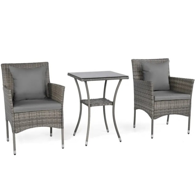 Costway Σετ Επίπλων Κήπου 3 Τεμαχίων για Μπαλκόνι με 2 Καρέκλες Ρατάν και Τραπέζι Διπλής Επιφάνειας από Σκληρυμένο Γυαλί, Γκρι HW76012GR