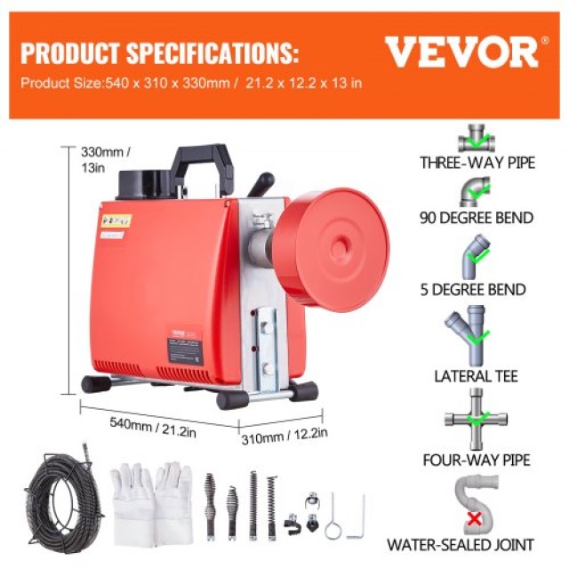 VEVOR Μηχανή Καθαρισμού Αποχέτευσης 20m x 16mm 250W Χειροκίνητο Τροφοδοτικό XSGDSTJ250W540ZG9V2