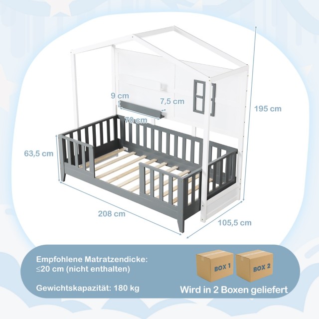 Costway Παιδικό Κρεβάτι Montessori 90 x 200 cm Σπιτάκι από Μασίφ Ξύλο με Ράφια και Προστατευτικά Κάγκελα HU10793WHT+