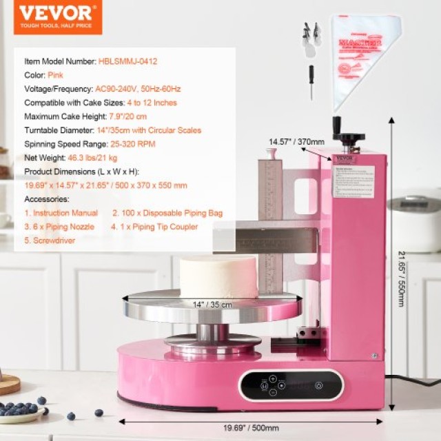 VEVOR Μηχανή Διακόσμησης Τούρτας για Κέικ 10-30 εκ, Ροζ DGNYMMJ412INPBTRJV2
