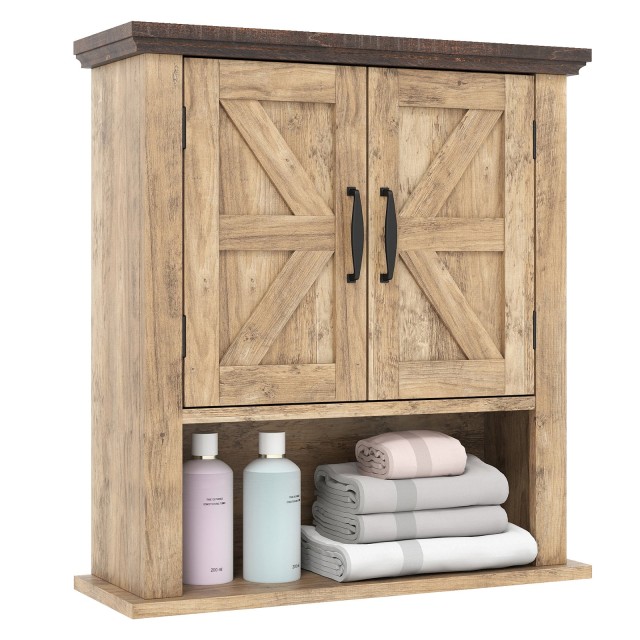 Costway Ντουλάπι Κρεμαστό με Ρυθμιζόμενα Ράφια, Πόρτες και Ανοιχτό Χώρο Αποθήκευσης - Φυσικό 60 x 19 x 55 cm JV12880GR