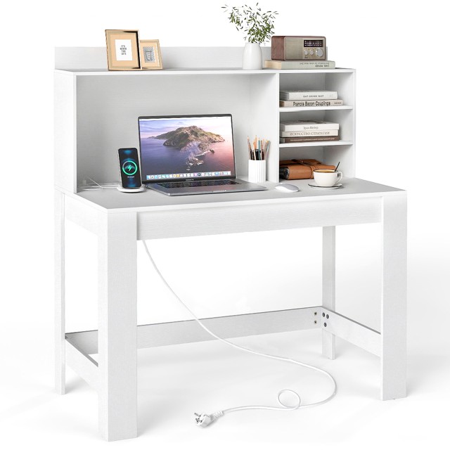 Costway Λευκός Γραφειακός Υπολογιστής με Ανώτερο Ντουλάπι και Ενσωματωμένες Πρίζες & Διελεύσεις Καλωδίων CB10973DE-WH