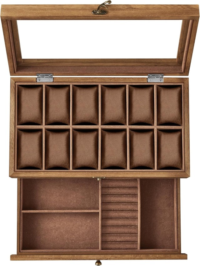 SONGMICS Ξύλινη Θήκη Ρολογιών 12 Θέσεων 34x19x12.5cm με Γυάλινο Καπάκι και Κοσμηματοθήκη JOW012K01