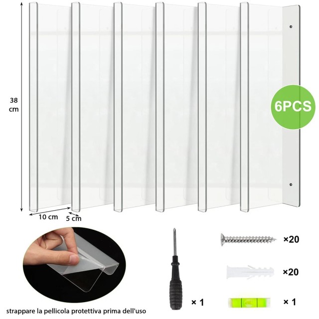 BAKAJI  6 x Διάφανα Ακρυλικά Ράφια Τοίχου Οργανωτές 38x10x5 εκ. 02841404
