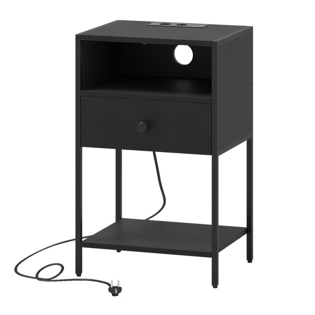 Costway Βοηθητικό Τραπεζάκι με Βιομηχανικό Στυλ και Σταθμό Φόρτισης - Με Ανοικτό Χώρο, Συρτάρι & Ράφι, Συμπαγές Κομοδίνο σε Μαύρο Χρώμα 64,8 x 39,4 x 31,8 cm HU11144DE-DK