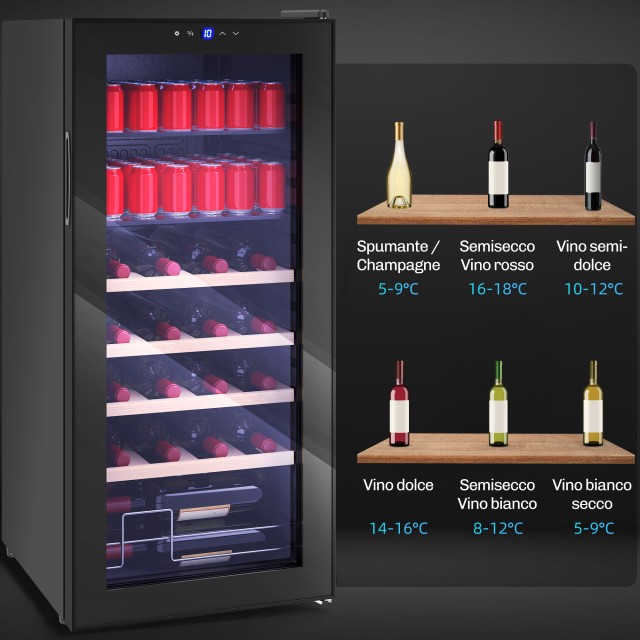 HOMCOM Ψυγείο Κρασιού 92L με Ρυθμιζόμενα Ράφια για 20 Μπουκάλια και 50 Κουτάκια, 43x45x94 cm, Μαύρο 800-302V90BK