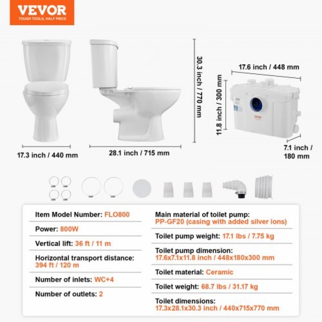 VEVOR  Τουαλέτα Μακράς Διάρκειας με Αντλία 800W για Υπόγειο ZHSKU00000000000068