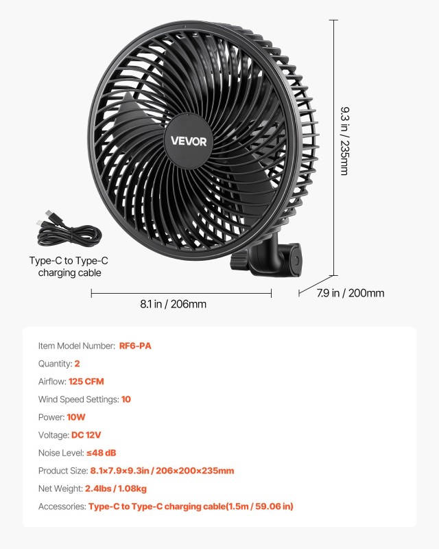 VEVOR Ανεμιστήρας Φυτών Επαναφορτιζόμενος με USB, 9 Ταχύτητες, Κυκλοφορία & Έξυπνο Έλεγχο, Μαύρος, Σετ 2 τεμαχίων JGSFSZWK6INC36GSH001V9