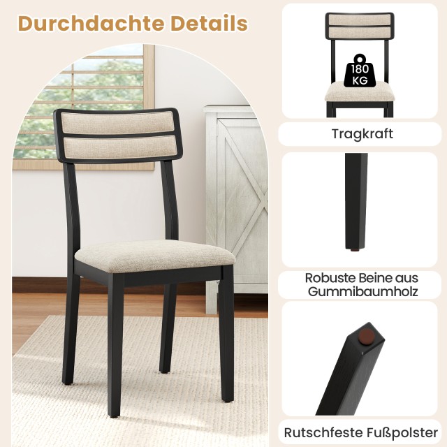 Costway Σετ 2 Μαύρες Καρέκλες Τραπεζαρίας με Μαξιλαράκι και Πόδια από Ξύλο Καουτσούκ KC58460DK-2