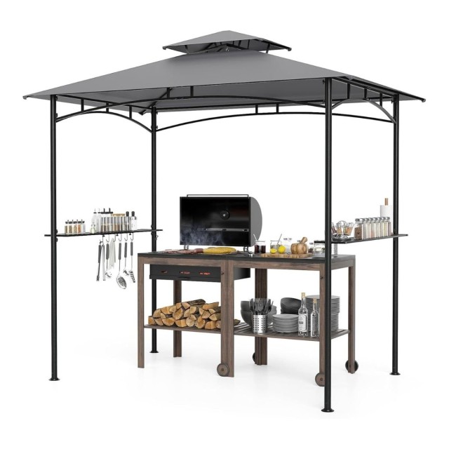 Costway Περίπτερο BBQ με Διπλή Στέγη, 2 Ράφια & 6 Γάντζους 242x150 εκ. NP12387GR